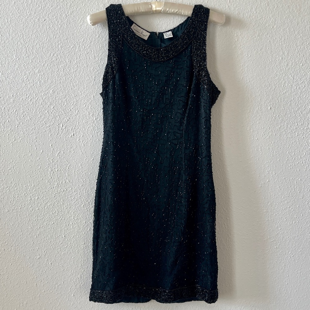 Vintage 80s black beaded silk Laurence Kazar LBD, size Small